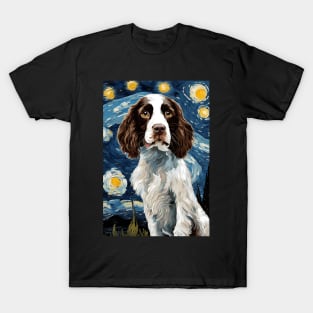 Cute English Springer Spaniel Dog Breed Painting in a Van Gogh Starry Night Art Style T-Shirt